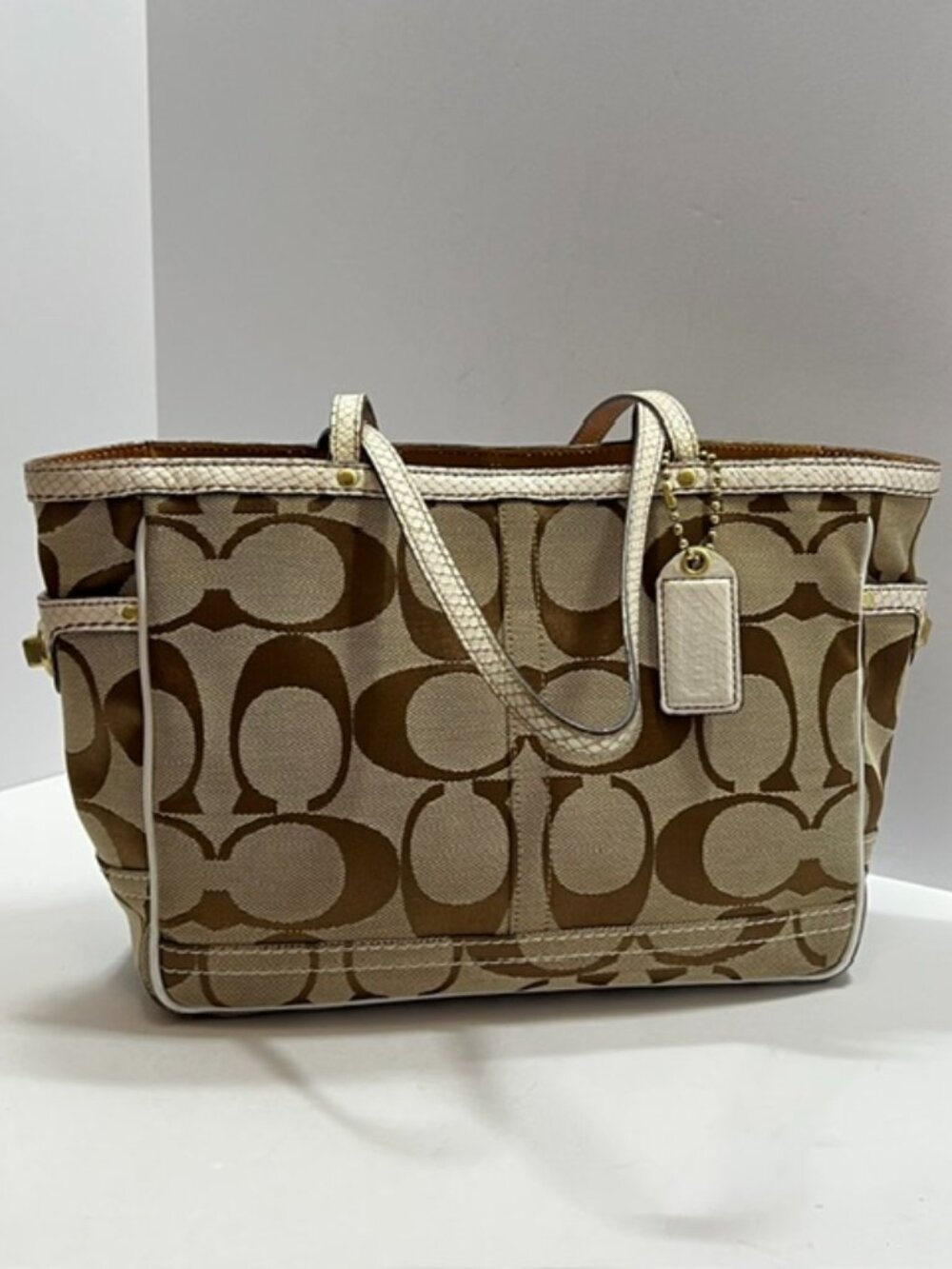 Coach Signature Jacquard Canvas Tote w/White python-embossed leather trim EUC